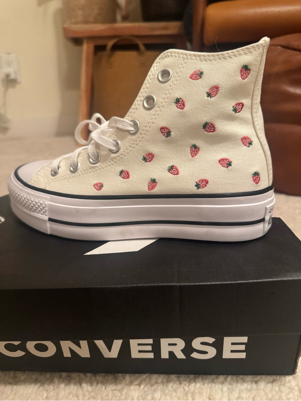 Converse High Top Sneakers Cream Canvas with Pink Strawberry Print